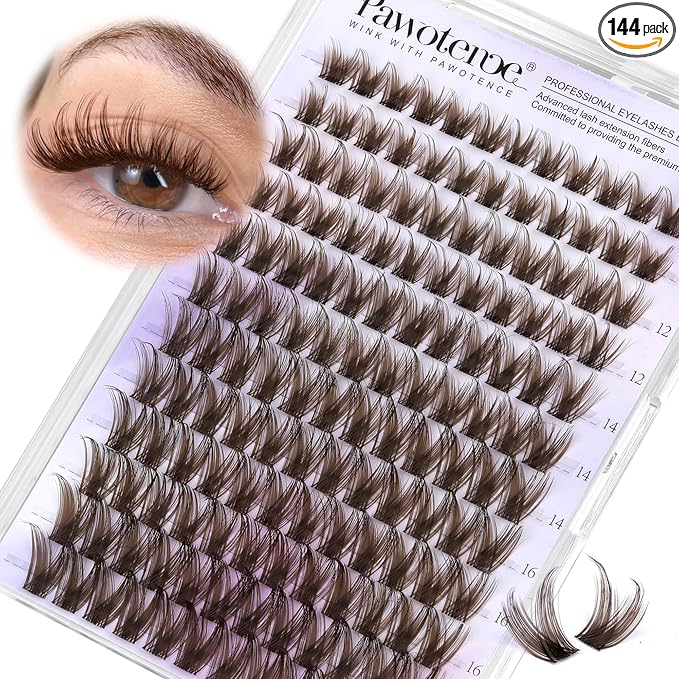 Pawotence Brown Lash Clusters Wispy Cluster Eyelash Extensions 10-18mm Individual Lashes DIY Cluster Lashes Extension Soft Brown Eyelash Clusters with Thin Band