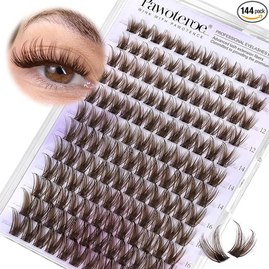 Pawotence Brown Lash Clusters Wispy Cluster Eyelash Extensions 10-18mm Individual Lashes DIY Cluster Lashes Extension Soft Brown Eyelash Clusters with Thin Band