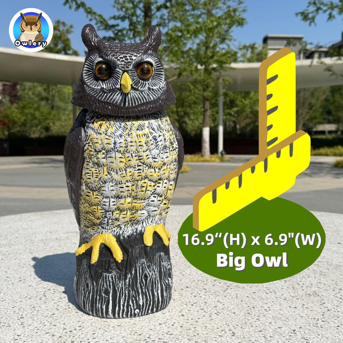 Owlery Large Solar Owl with Motion Detector, Flashing Eyes, Spinning Head, Realistic Hooting and Silent Mode, Garden Owl, Outdoor Statue, Decoration for Home, Garden, Patio and Fence