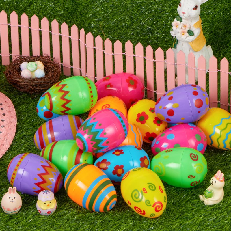 JOYIN Toy 36 PCs Plastic Printed Bright Easter Eggs, Over 3.15'' Tall Fillable Empty Eggs Bulks for Easter Hunt, Basket Stuffers Fillers, Classroom Prize Supplies, Filling Treats and Party Favor