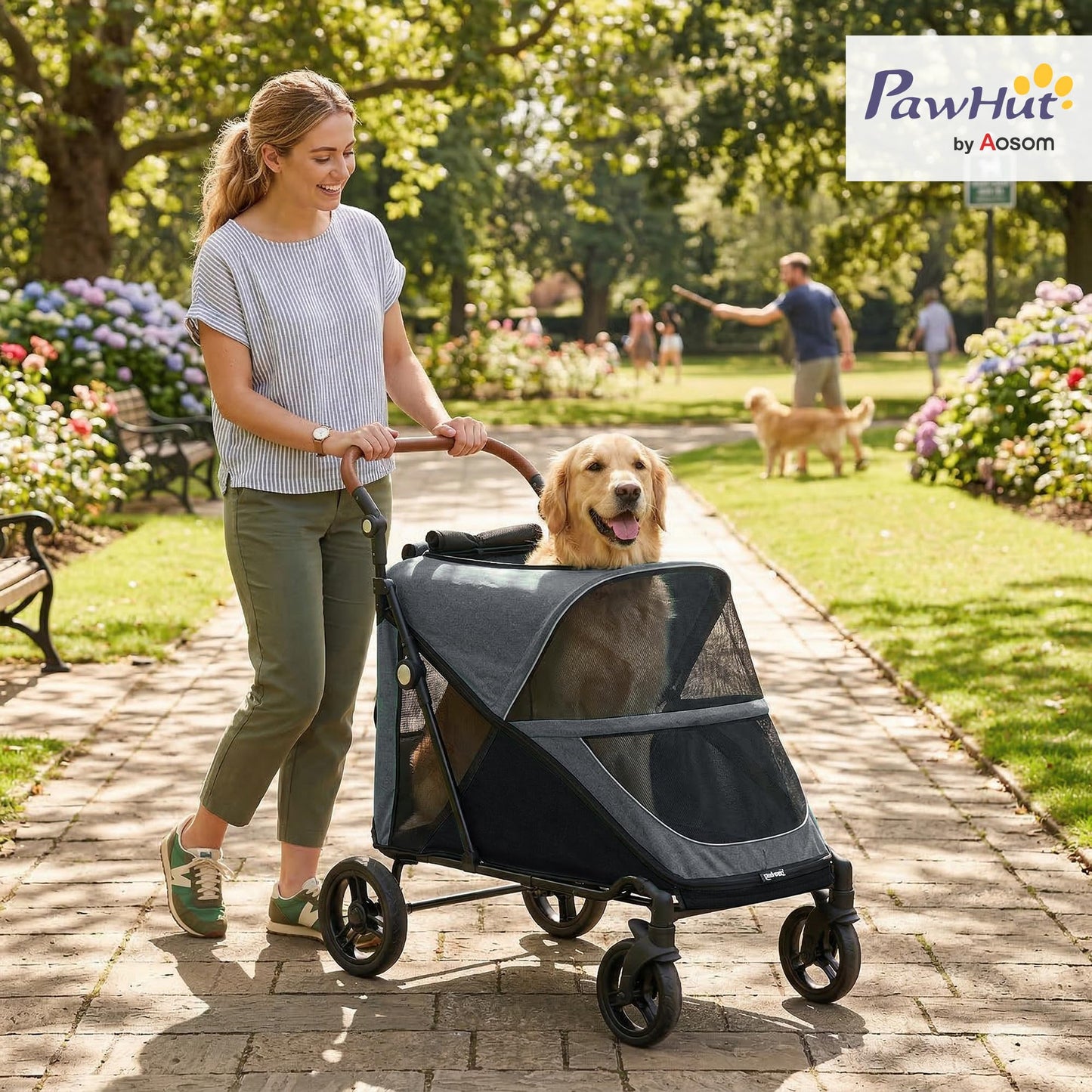 PawHut Dog Stroller for Large Dogs, One-Click Folding 4 Wheel Large Pet Stroller Wagon for Multiple Pets, All Terrain Spring Suspension w/ 8-Position Adjustable Handle, Mesh Window, Up to 66 LBS, Gray