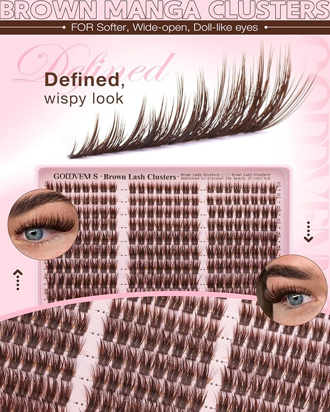 Goddvenus Brown Wispy Lash Clusters Manga Eyelashes Clusters Natural Cluster Eyelash Extensions Fairy DIY Lash Extension Anime C Curl Waterproof Individual Eye Lashes