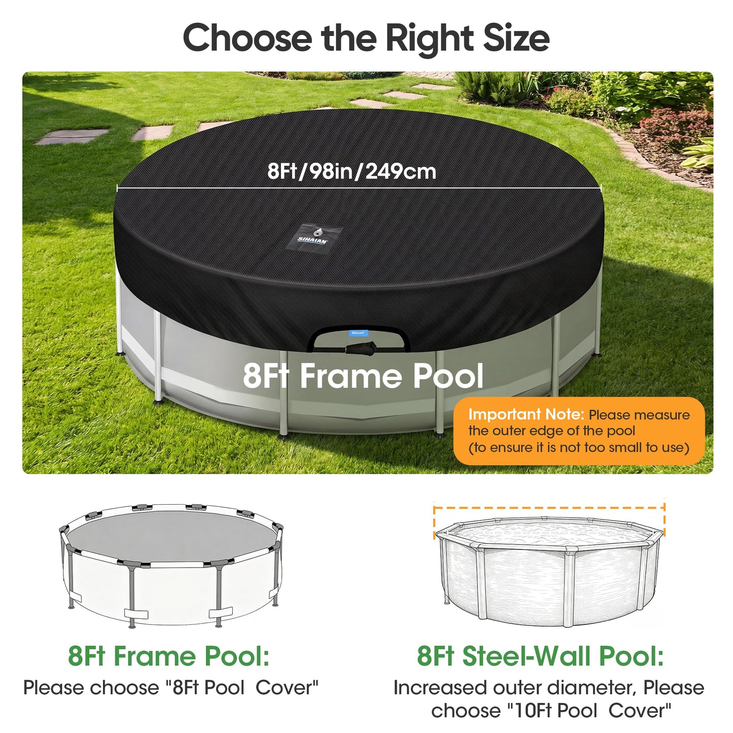 SIHAIAN 8 Ft Round Pool Cover, with Automatic Drain Stock Tank Pool Cover, Patented One-Piece Tensioning System Above Ground Pool Cover, Preventing Waterlogging, Yarn-Dyed Oxford Fabric Solar Cover