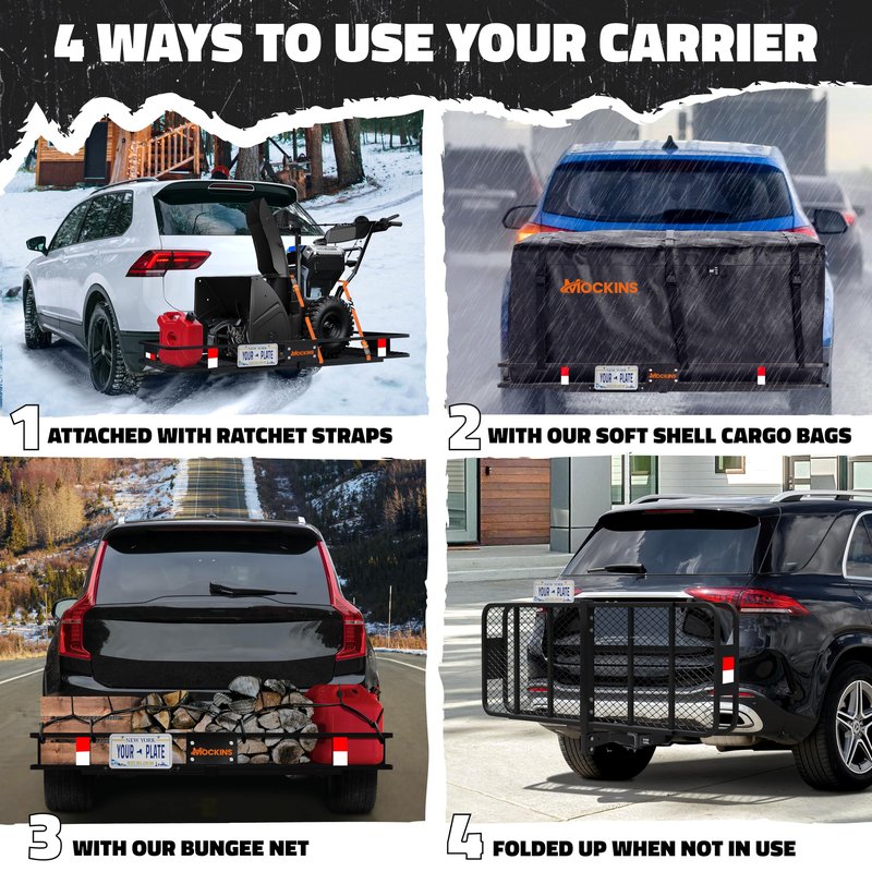Mockins Folding Luggage Rack for SUV Car Truck ATV & More | 500 Lb. Capacity 6" Raised Shank Steel Trailer Hitch Cargo Carrier 48"x20"x6" w/ 15 Cu Ft Waterproof Cargo Bag & Accessories