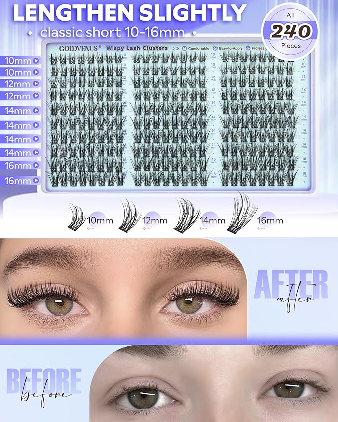 Goddvenus Wispy Lash Clusters Natural Eyelash Clusters No Makeup Look Cluster Eyelash Extensions 10-16mm DIY Lash Extension CC Curve