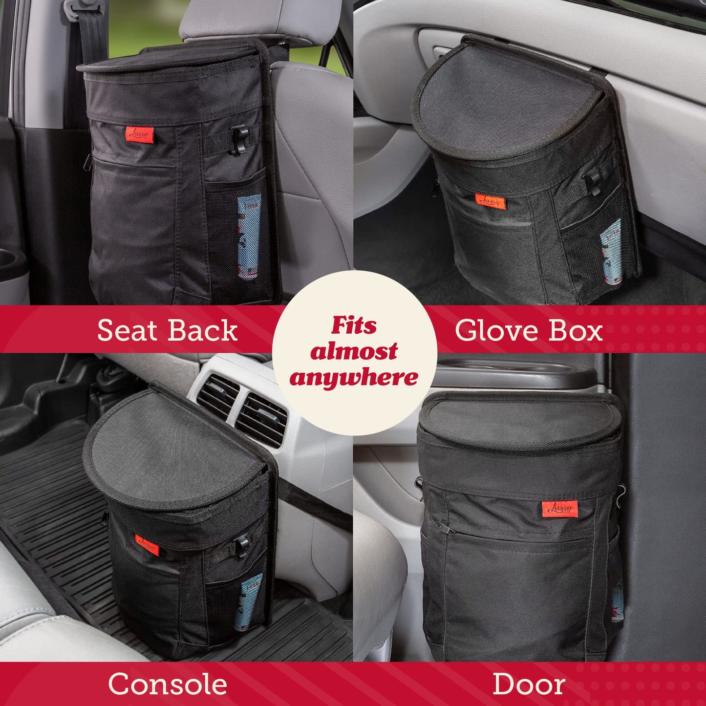 Lusso Gear Car Trash Can - 2.5-Gallon, Black, Round - Leak-Proof & Spill-Proof Lid & Waterproof Removable Liner - Hanging Car Trash Bin & Organizer for SUV, Truck & Minivan