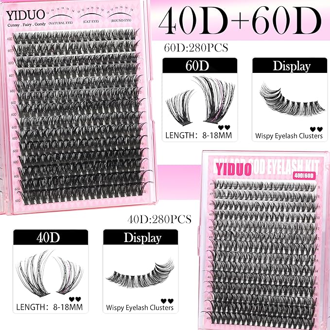YIDUO 1520Pcs Lashes Clusters Kit with Spikes+Bottom 6 Styles 100D/200D/300D Cluster Lash Extension Kit with 2X Bond&Seal 10-20mm Volume Individual Eyelash Extension Kit Gift Packs