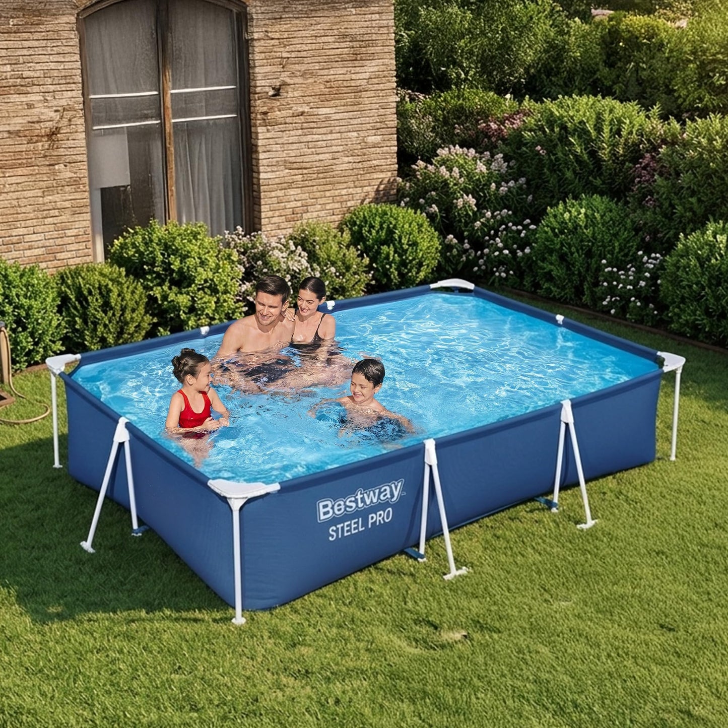 Bestway Steel Pro 9' 10" x 6' 7" x 26" Rectangular Above Ground Pool Set with 827 Gallon Capacity, DuraPlus Liner, and Flowclear 330 GPH Filter Pump