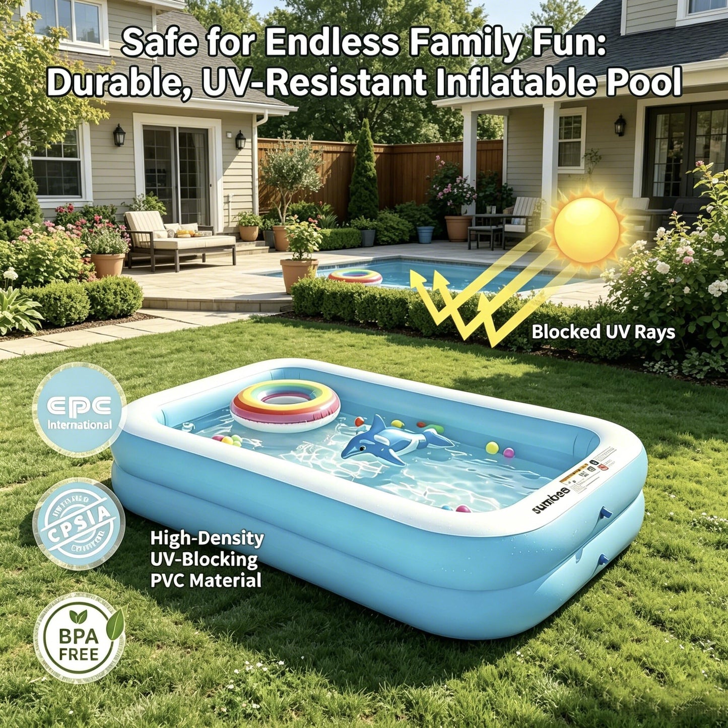 Sumbee Inflatable Pool for Kids and Adults, 103" x 69" x 20" Oversized Thickened Blow Up Swimming Family Pool for Toddlers Outdoor Patio Backyard Garden Deck Summer Party, Full Size Rectangular Blue