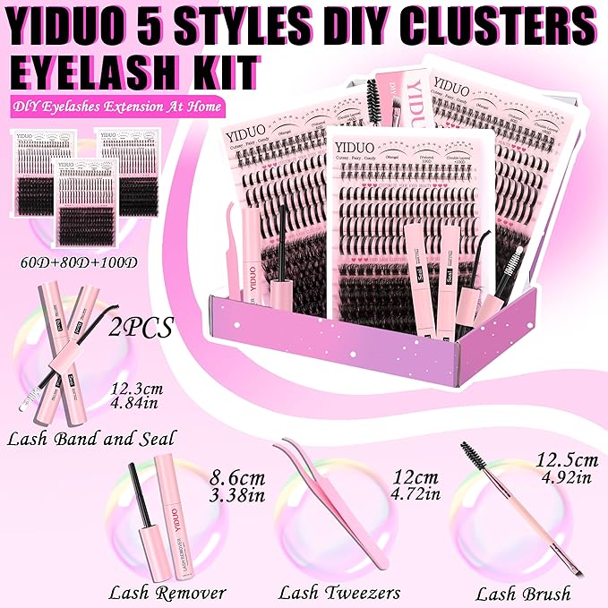 YIDUO 3 Styles Lash Clusters Kit with Spikes Bottom clusters Eyelash Extensions 808Pcs with 2X Bond&Seal 60D/80D/100D 3D Volume Wispy DIY Individual Lashes Large Pack for Beginners Choice