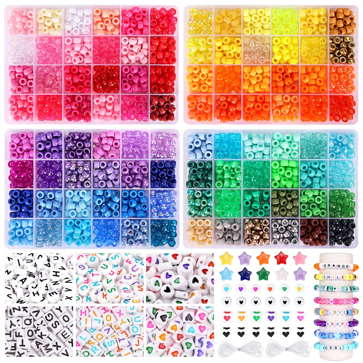 Bracelet Making Kit 96 Colors Pony Beads 3300pcs Friendship Bracelet Kit Rainbow Kandi Beads with Letter and Heart Beads Elastic Threads for Kids Adults Keychain Jewelry Necklace Making