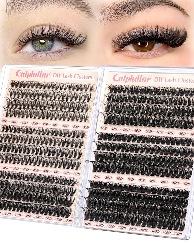Calphdiar Eyelash Clusters 30D+40D+50D+60D+80D+100D Lash Clusters Wispy Individual Lashes 476PCS D-curly Lash Extension 10-16MM Natural Lashes Clusters DIY Cluster Eyelash Extensions