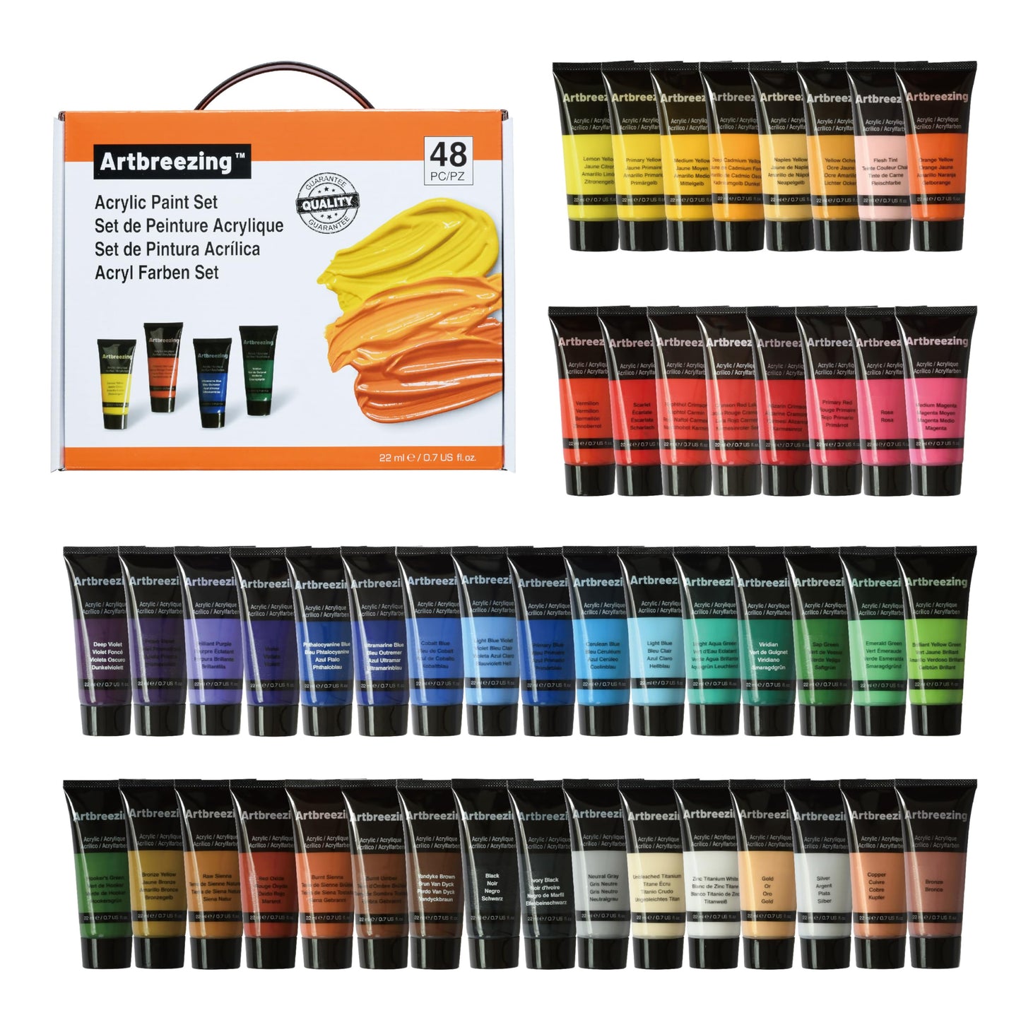 Artbreezing Acrylic Paint Set,48 Colors 0.74 oz/22ml Tubes,Highly Pigment Art Paints for Canvas,Wood,Fabric,Paper, Giftable Choice for Artists,Beginner to Pro (48 Colors)