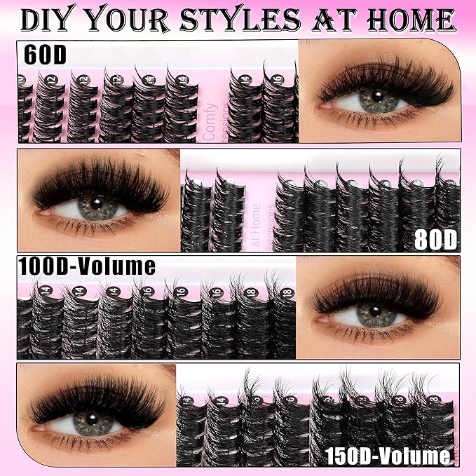 YIDUO 4 Styles Lash Clusters Kit 60D+80D+100D+150D Volume Clusters Lashes Extensions Kit with 2 X Bond and Seal 10-18mm Wispy D Curvature Full Individual Eyelash Extensions Kit DIY at Home Easily