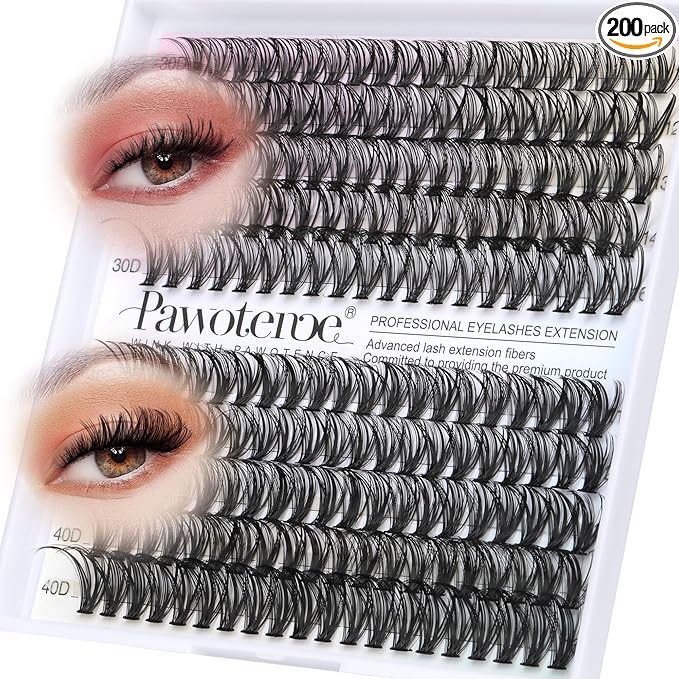 Pawotence Lash Clusters 200pcs Individual Lashes 30D 40D Cluster Eyelash Extensions 11-16mm Eyelash Clusters Lash Extensions for Self Application (30D&40D, 0.07D, 11-16mm Refill)