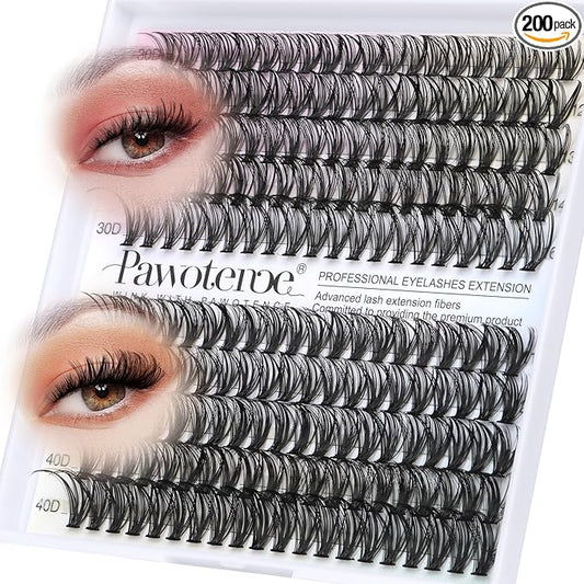 Pawotence Lash Clusters 200pcs Individual Lashes 30D 40D Cluster Eyelash Extensions 11-16mm Eyelash Clusters Lash Extensions for Self Application (30D&40D, 0.07D, 11-16mm Refill)