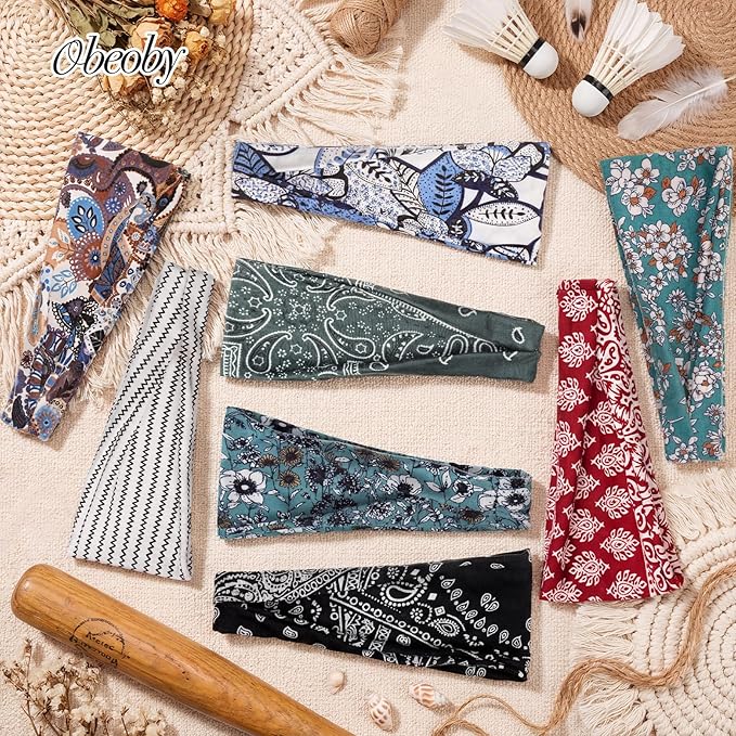 obeoby 8 Pack Headbands for Women, Boho Style Headbands for Summer Vacation Music Festival Outfits Non Slip Fashion Wide Hairband Mothers Day Gift