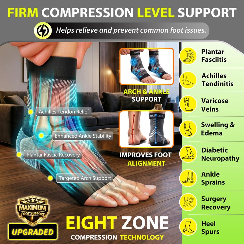 BLITZU Compression Socks for Plantar Fasciitis, Achilles Tendonitis, Arthritis Relief, Ankle Brace Compression Sleeve with Foot Arch Support, Ankle Wrap for Women, Men, Swelling & Heel Pain Blue L-XL