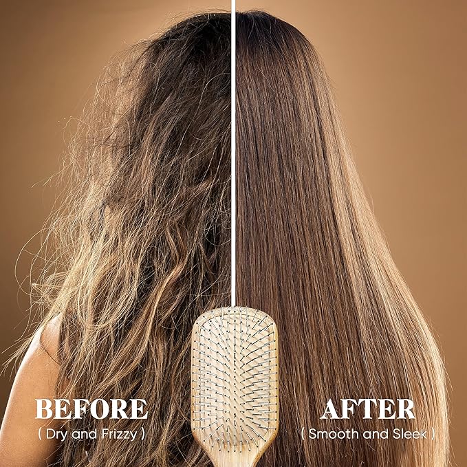 BFWood Bamboo Hair Brush with Steel Bristles, Metal Hair Brush Help Hair Growth and Massaging Scalp, Anti-frizz Metal Detangling Brush Styling Hairbrush