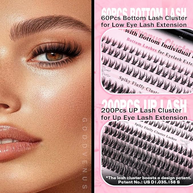 Goddvenus Wispy Lash Clusters Kit Cluster Eyelash Extensions Natural Lash Extension Kit C Curl Fluffy Individual Eyelashes with Bottom Lashes Clusters Waterproof Bond and Seal DIY at Home