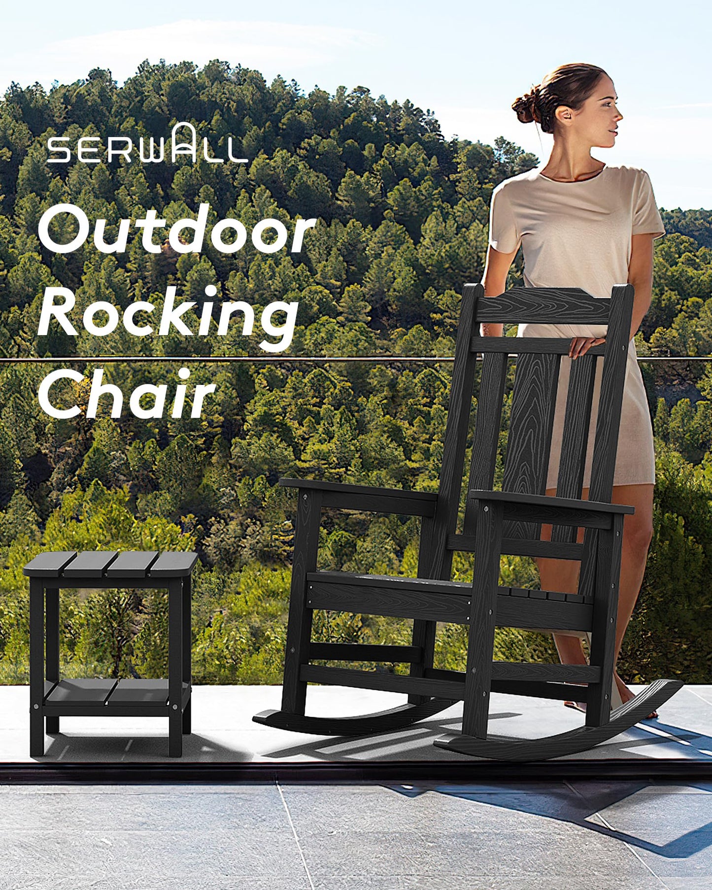 SERWALL HDPE Outdoor Rocking Chair for Adults, Outdoor Rocking Chairs Set of 6, Patio Rocking Chair Sets, Black