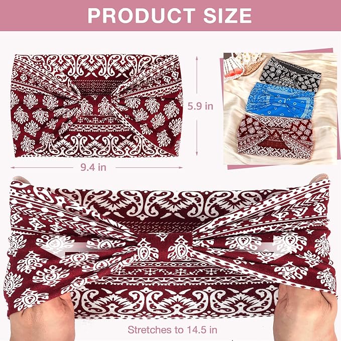 Awumbuk Wide Headbands for Women Knotted No Slip Head Bands Soft Turban Headband Hair Accessories Boho African Solid Color Head Wraps for Women Yoga Workout Pack of 6