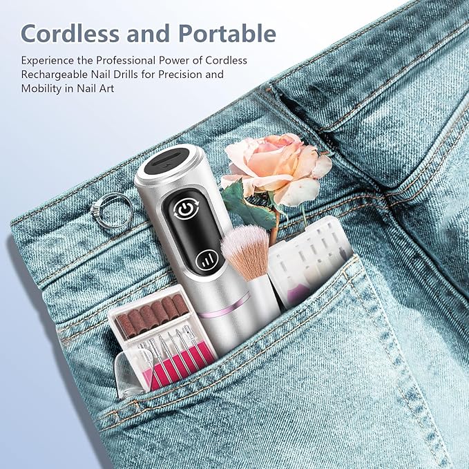 Cordless Nail Drill Electric Rechargeable File Kit, Professional Efile Acrylic Gel Nail Polish Remover Pedicure Manicure Machine Portable Set with 11 Bits 56 Sanding Bands for Salon Silver