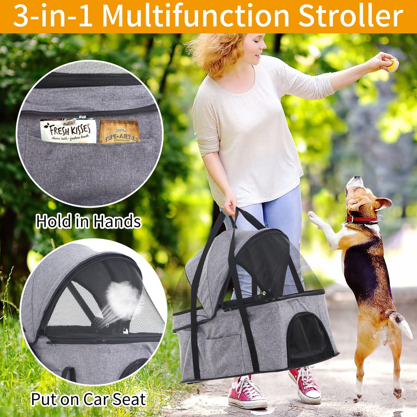BLKMTY Dog Stroller 3-in-1 Folding Pet Strollers Cat 4 Wheels w/Storage Basket Dog Carrier Trolley One-Button Switch Travel Stroller with Safety Belt Detachable Carrier, Grey