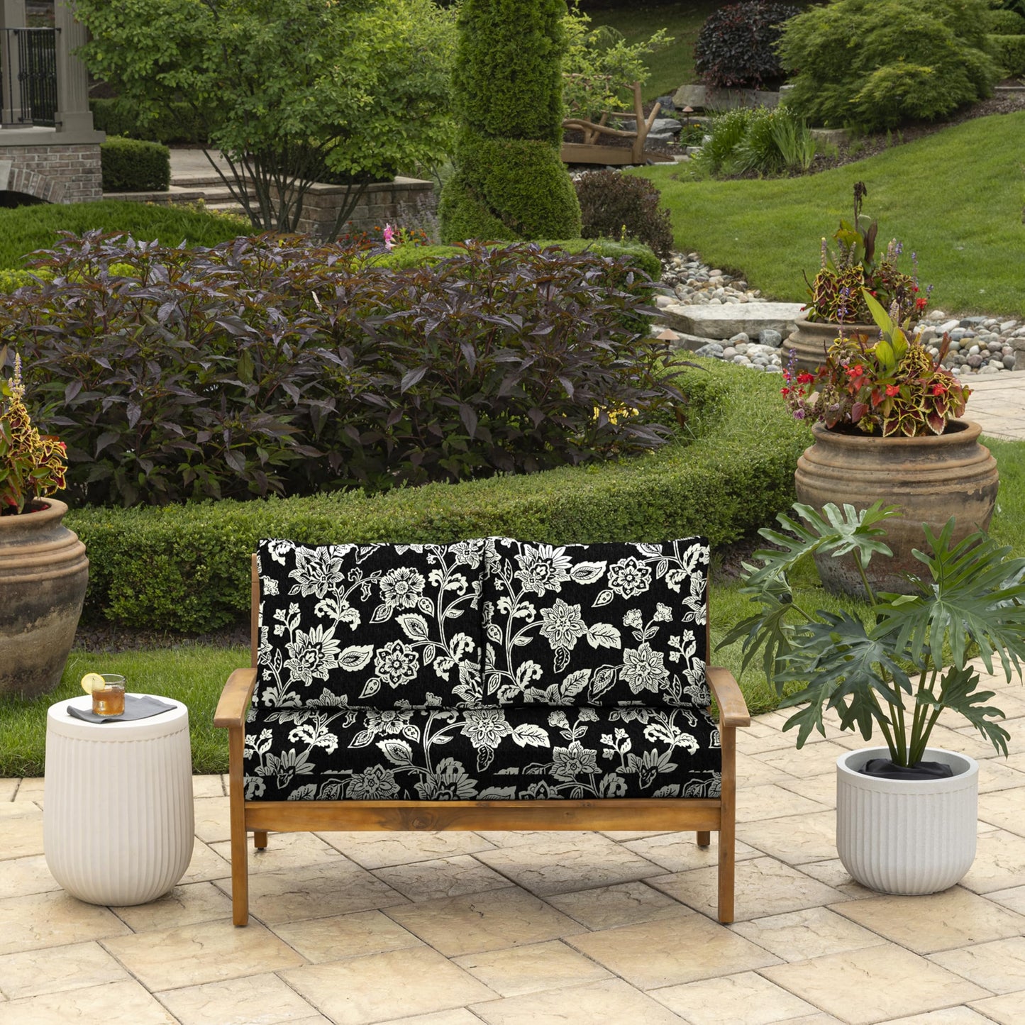 Arden Outdoor Loveseat Cushion Set, 48 x 24, Rain-Proof, Fade Resistant, Cushion Set for Couch, Bench, and Swing Ashland Black Jacobean