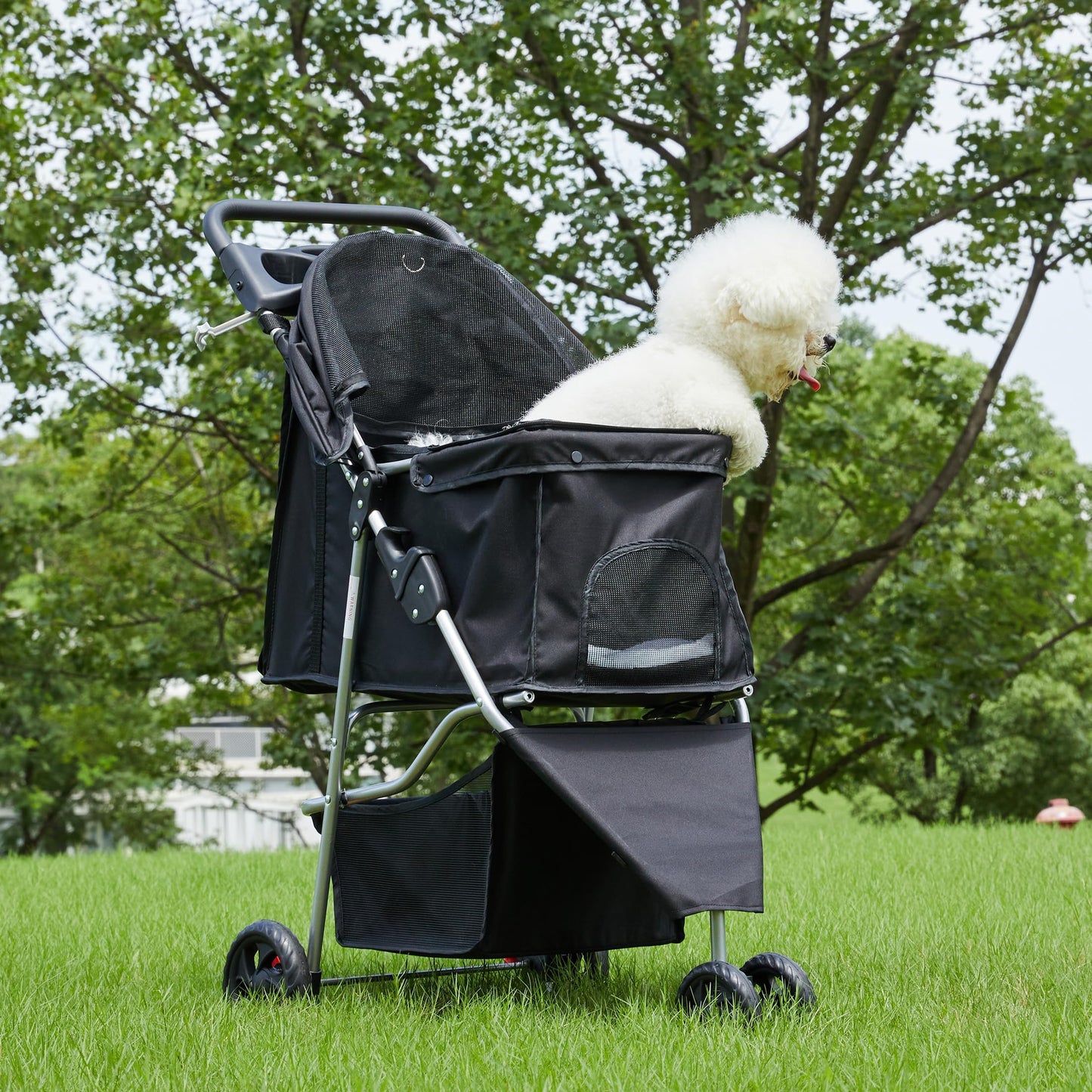 NEWBULIG Pet Stroller for Dogs, Cats Stroller with 3 Wheel, Foldable, Lightweight and Durable, Ideal for Small to Medium Pets, Includes Storage Basket and Cup Holders, Black
