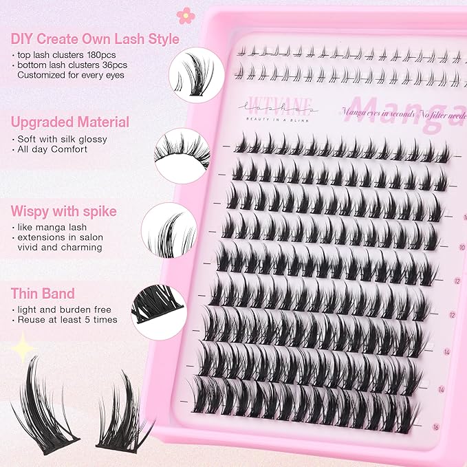 Manga Lash Clusters Wispy Eyelash Clusters DIY Anime Lash Extension with 5-6mm Bottom Lash Clusters and 8-16mm Cluster Eyelash Extensions 175Pcs Spiky Lashes Clusters D-Curly Individual Lashes