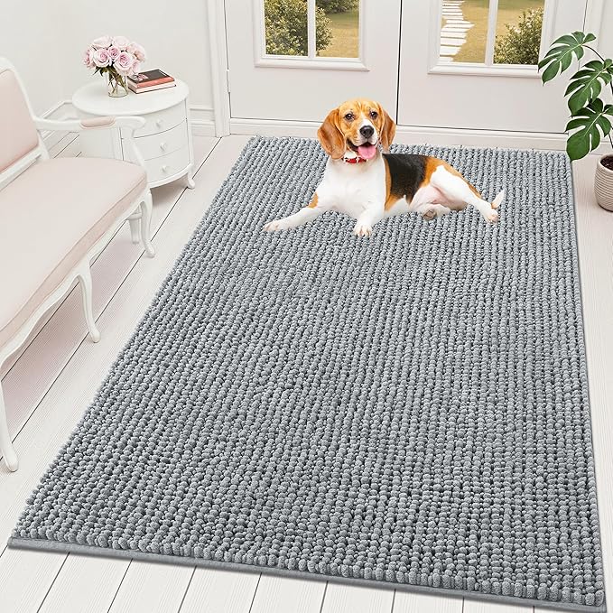 OLANLY Dog Door Mat for Muddy Paws 59x35, Ultra Absorbent Chenille Mud Doormat, Non-Slip Washable and Dirt Trapping Doormat for Indoor Entryway, Quick-Dry Indoor Pet Bed Mats for Dogs, Grey