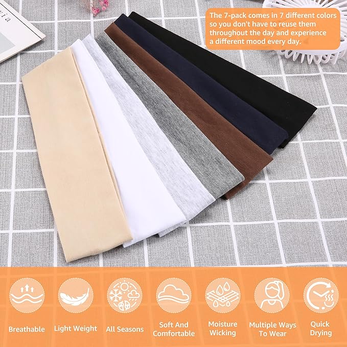 DiyJibb Wide Headband for Women - 7 Pack Soft Cotton Stretchy Elastic Headbands, Non-Slip Thick Hair Bands for Yoga Workout Running Sports, Fashion Hair Accessories Gift