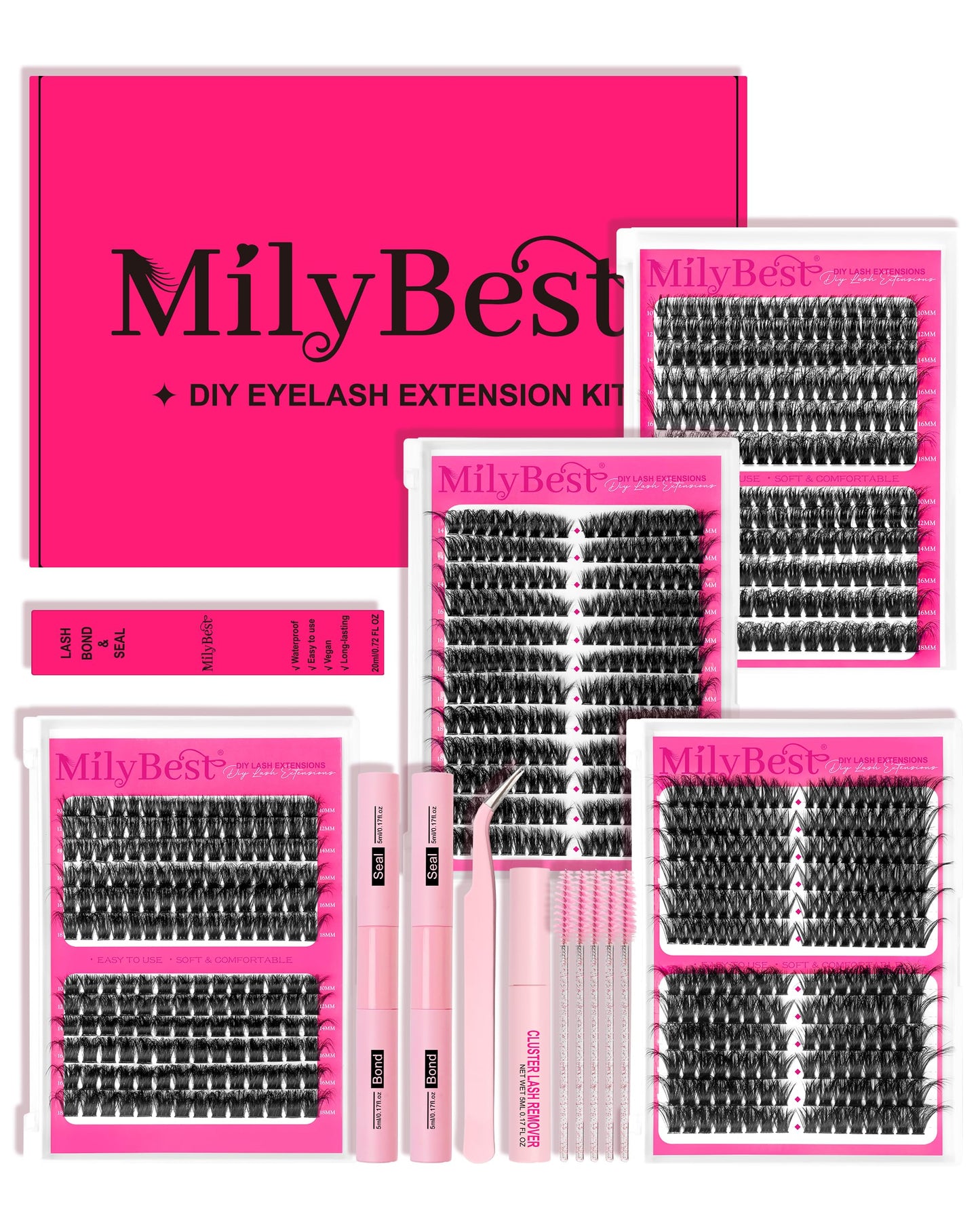 MilyBest 4 Styles Lash Clusters Kit 864Pcs Eyelash Clusters Lash Kit Volume Lashes Clusters D Curl DIY Individual False Eyelashes with 2 Bond&Seal Wispy Bulk Cluster Eyelash Extensions Kit De PestaÃ±as