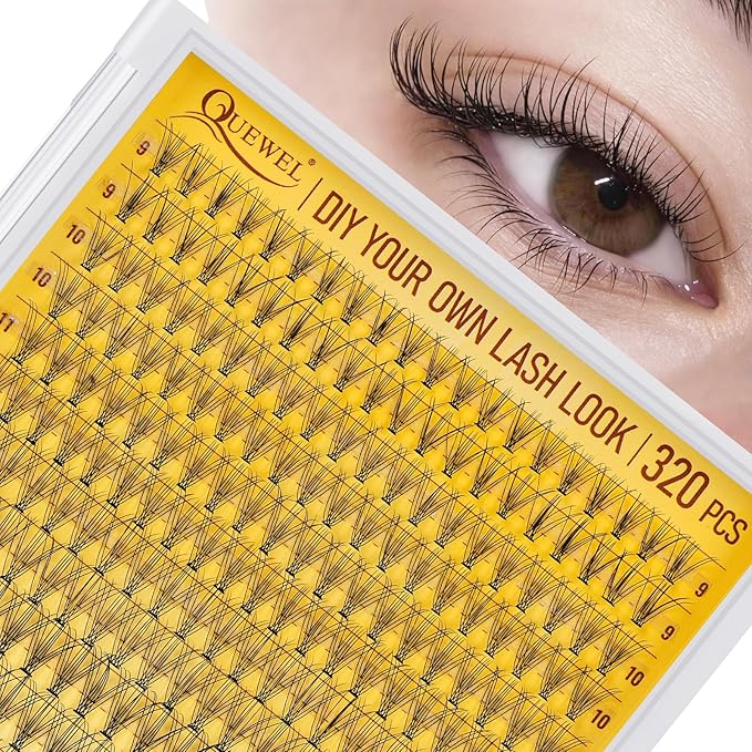QUEWEL Lash Clusters 320Pcs Cluster Lashes 10D D Curl Lash Cluster Eyelash Extensions Mix9-16mm Individual Eyelashes Clusters Wispy Lash Clusters Thin Band Soft to Use at Home(10D D Mix9-16)