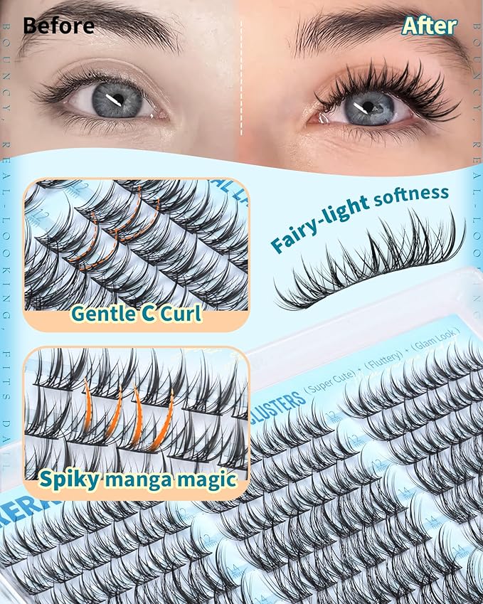PHKERATA Manga Lash Clusters 12-14-16mm Wispy Natural Cluster Eyelash Extensions, 162Pcs Spiky Lashes Clusters C Curl Individual Lashes for DIY Eye Makeup