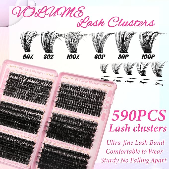 Lash Clusters Fluffy Volume Eyelash Clusters 590Pcs Cluster Eyelash Extensions DIY Lashes Clusters Lash Bond and Seal Lash Tweezers