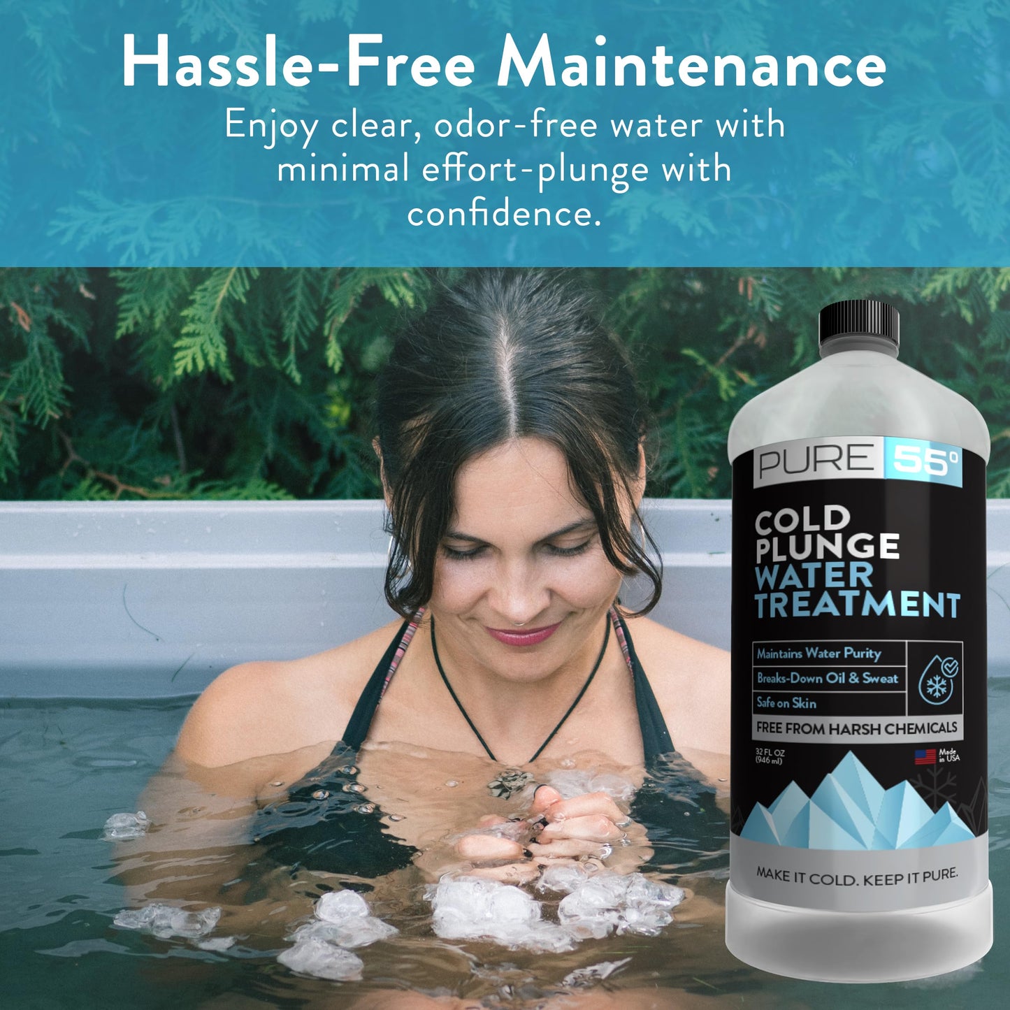3in1 Cold Plunge Water Treatment, Weekly Natural Ice Plunge Stabilizer & Clarifier, Harsh Chemical Free, Fight Scum & Odors for Clear Waters - Pure55 Made in The USA (32 Fl Oz)