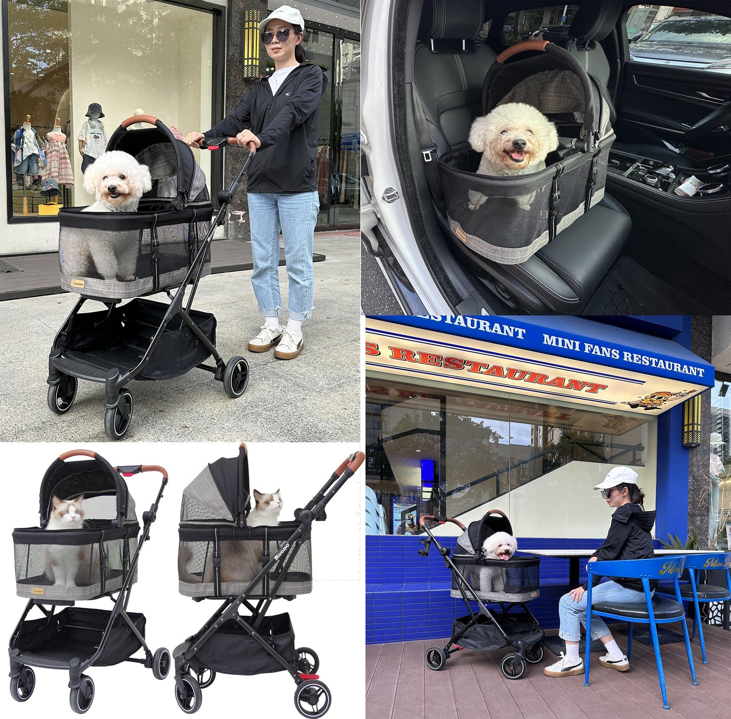 ROODO 2026 Upgraded Version 3-in-1 Dog Cat Stroller with Detachable Carrier Folding Lightweight Portable Travel Pet Gear All-Terrain Puppy Doggie Kitty Bunny Stroller for 35 lbs(Grey Lattice)
