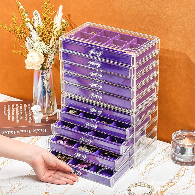 ProCase Earring Holder Organizer Jewelry Box with 10 Drawers, Acrylic Clear Earring Case with Adjustable Velvet Trays for Women - Purple,10 Layers