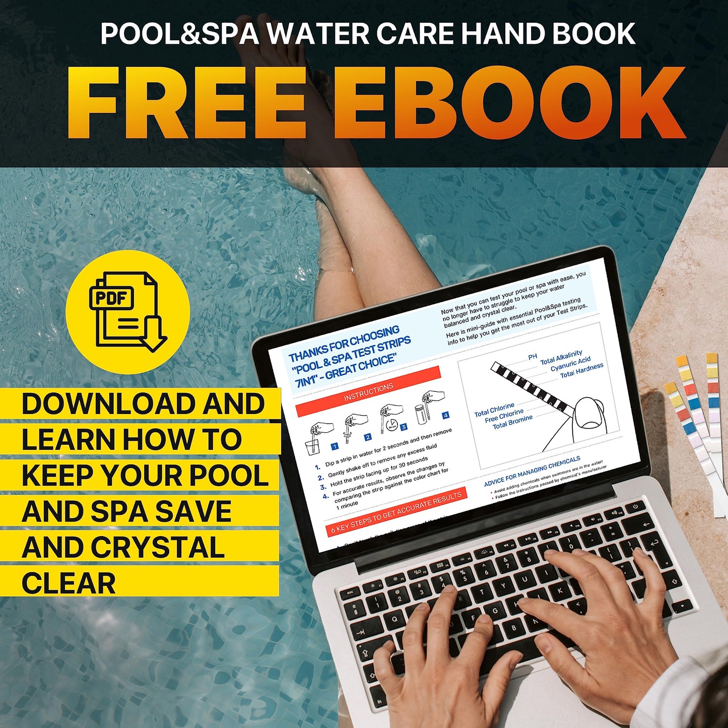 All-New Pool and Spa Test Strips 7 in 1 Quick SuperAccurate Swimming 150 Pool Test Kit - Hot Tub Test Strips & Pool Water Testing Strips for pH Chlorine Bromine Hardness Alkalinity Cyanuric Acid