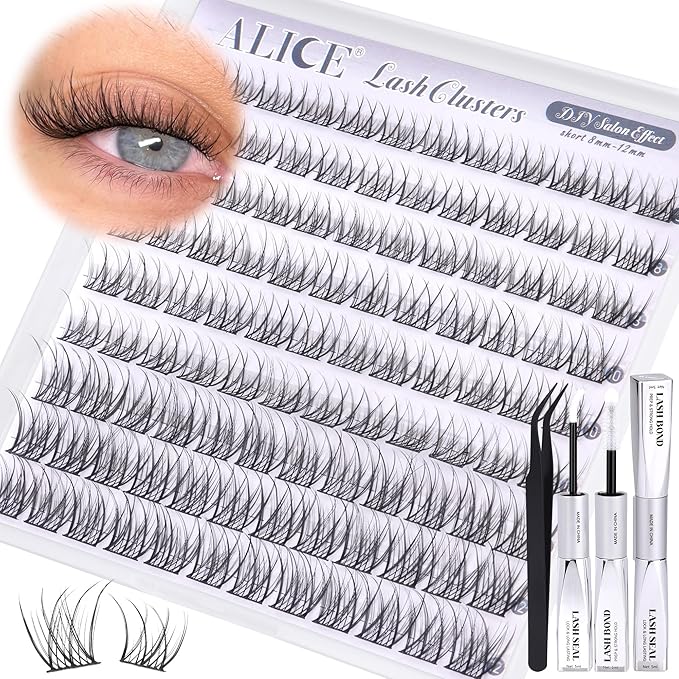 ALICE Short Lash Clusters Kit Natural Wispy Eyelash Clusters Kit 8-12mm Thin Band Cluster Eyelash Extension Kit for No Makeup Makeup Cleangirl Aesthetic