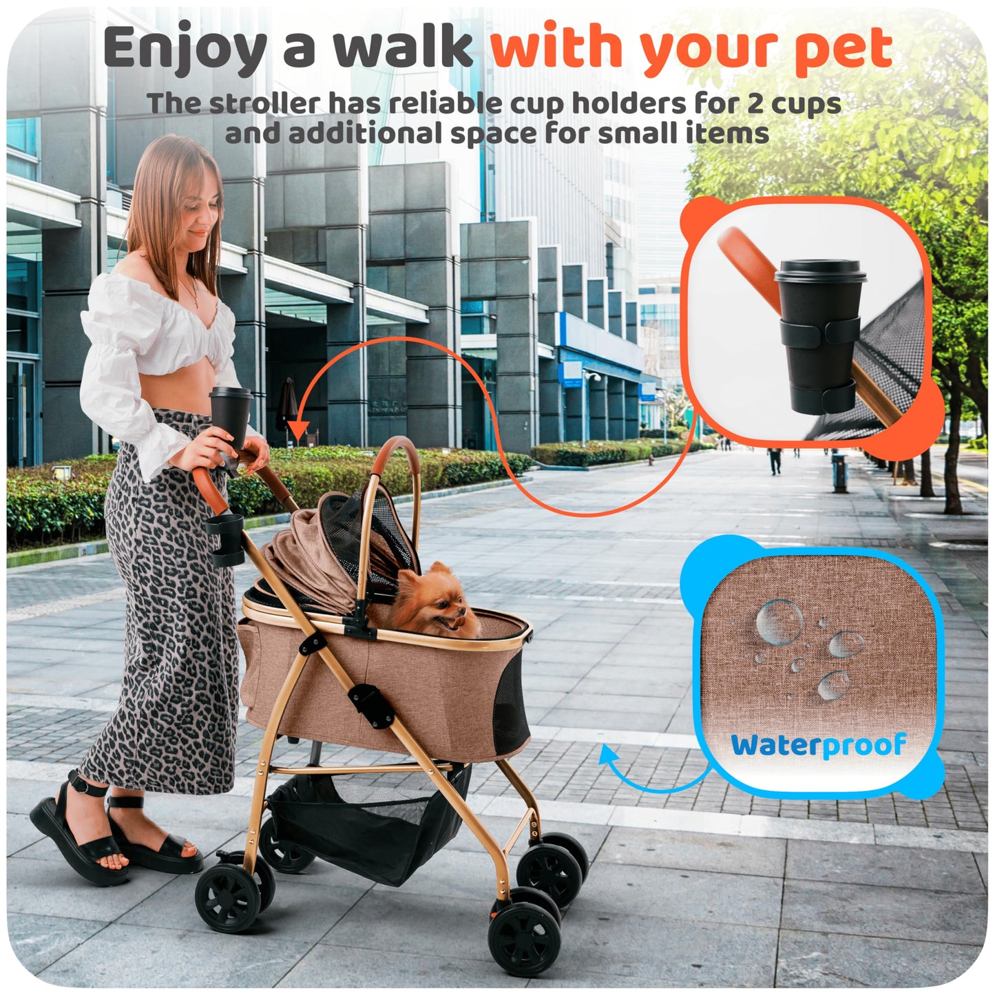 Pet Stroller for Small Medium Dogs & Cats – 2-in-1 Detachable Carrier, Zipperless Entry, Lightweight Folding Travel Stroller with Storage Basket, Cup Holder, Brown