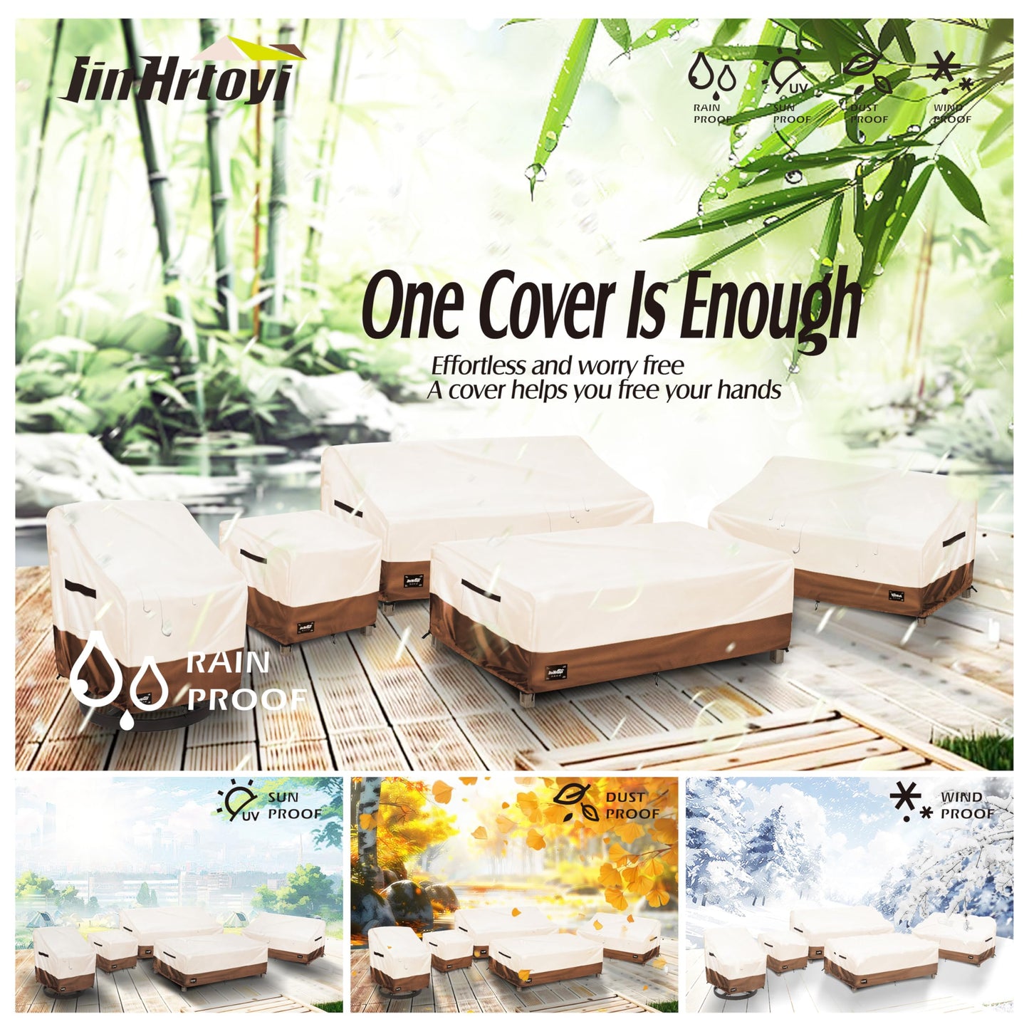 JinHrtoyi Patio Coffee Table Cover,36Wx24Dx16H Inches 100% Waterproof Heavy Duty Outdoor Rectangular Side Table Cover,Beige&Brown Modern Style Outdoor Furniture Covers