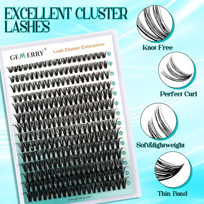 GEMERRY Fluffy Lash Extension Kit Thick Lash Clusters Kit Eyelash Clusters 280Pcs D Curl Eyelash Extension Kit With Lash Bond and Seal, Lash Remover, Lash Tweezers, DIY Lash Extension(80P-10-18mm)