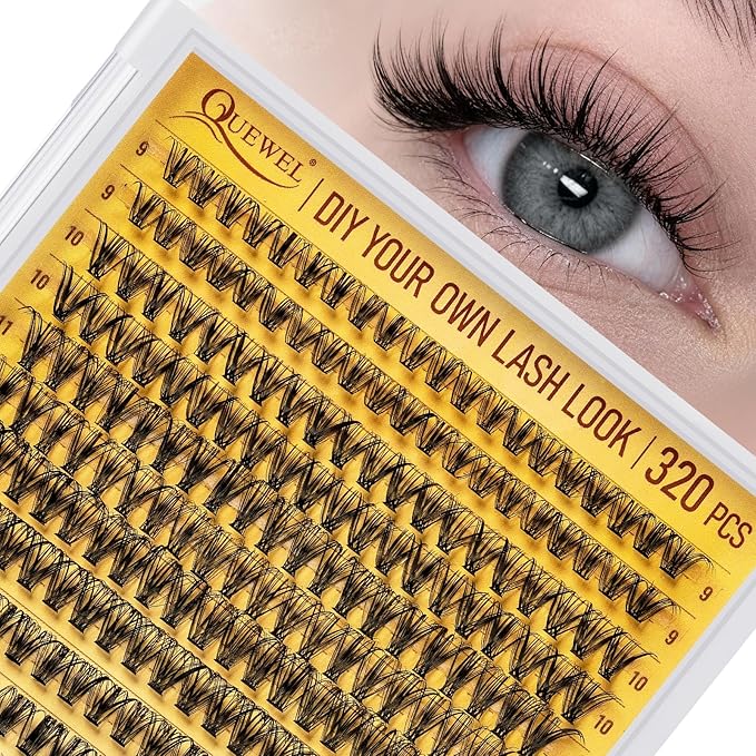 QUEWEL Lash Clusters 320Pcs Cluster Lashes 30D D Curl Lash Cluster Eyelash Extensions Mix9-16mm Individual Eyelashes Clusters Wispy Lash Clusters Thin Band Soft to Use at Home(30D D Mix9-16)