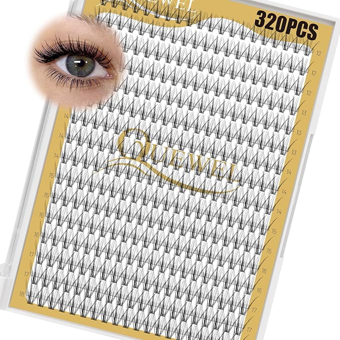 QUEWEL Lash Clusters 320Pcs Cluster Lashes 20D D Curl Lash Cluster Eyelash Extensions Mix12-18mm Individual Eyelashes Clusters Wispy Lash Clusters Thin Band Soft to Use at Home(20D D Mix12-18)