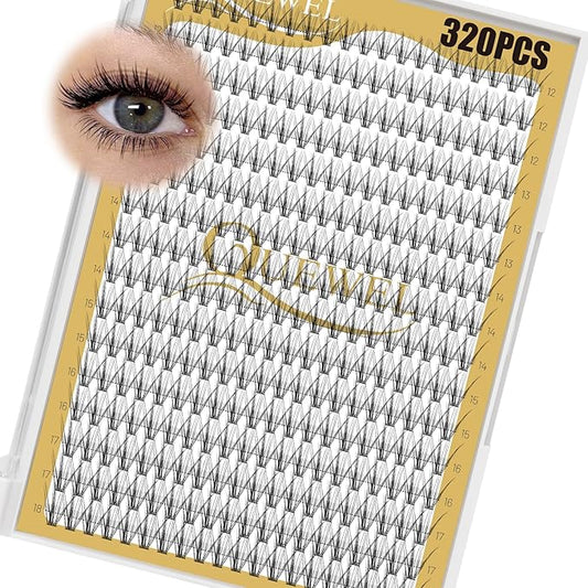 QUEWEL Lash Clusters 320Pcs Cluster Lashes 20D D Curl Lash Cluster Eyelash Extensions Mix12-18mm Individual Eyelashes Clusters Wispy Lash Clusters Thin Band Soft to Use at Home(20D D Mix12-18)