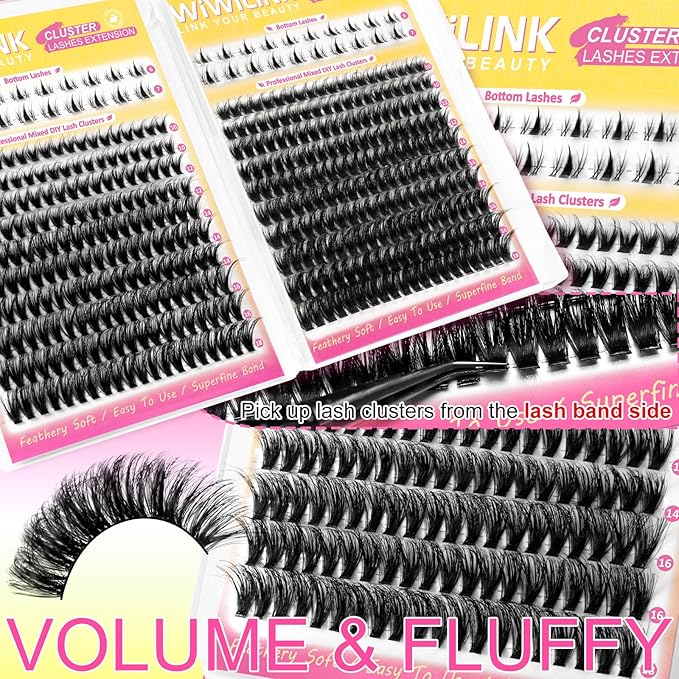 Wispy Lash Clusters Kit Eyelash Clusters with Bottom Lashes Natural 10-18mm Fluffy 40D 70D Individual Lashes Clusters Wispy Cluster Eyelash Extensions Bond&Seal D Curl DIY Lash Extension Kit
