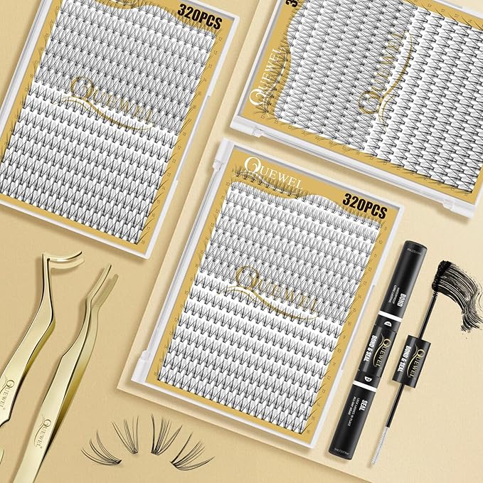 QUEWEL Lash Clusters 320Pcs Cluster Lashes 10D+20D C Curl Lash Cluster Eyelash Extensions Mix9-16mm Individual Eyelashes Clusters Wispy Lash Clusters Thin Band Soft to Use at Home(10D+20D C Mix9-16)